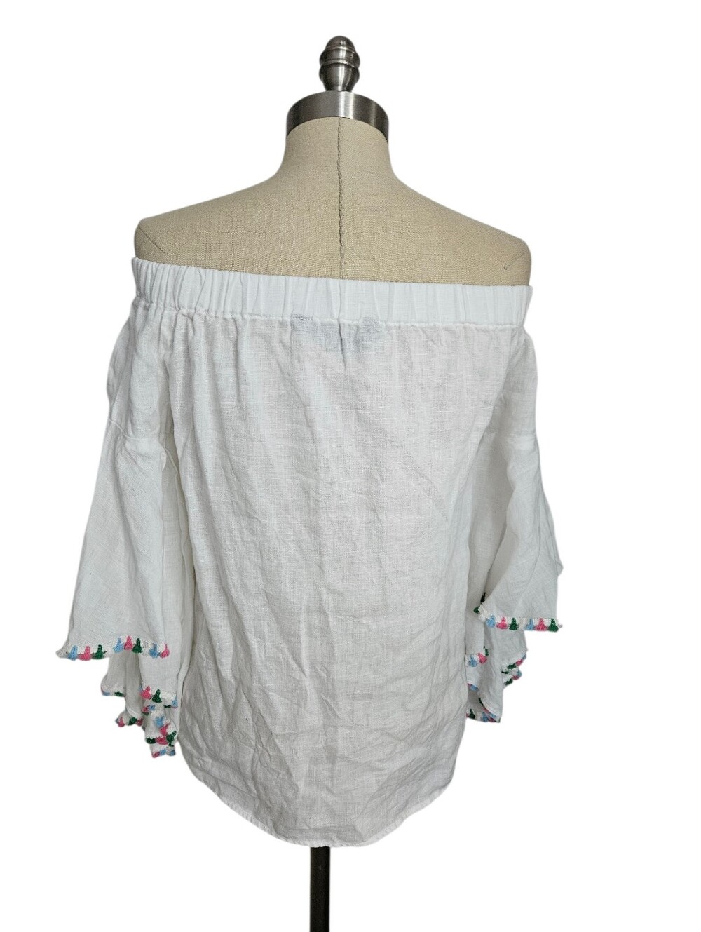 ZARA Off-Shoulder White 100% Linen Flutter Sleeve Colored Tassel Blouse | SZ XS - Picture 6 of 9
